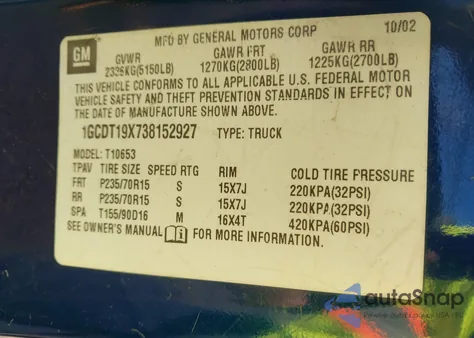 2003 Chevrolet S-10 Ls z USA, uszkodzony, nr VIN 1GCDT19X738152927